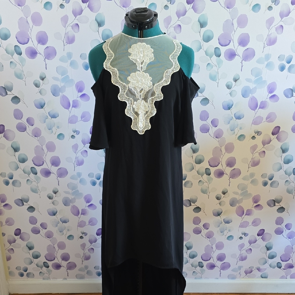 Anne Fontaine Marlene Black Cold Shoulder Dress with White Mesh And Lace Detail